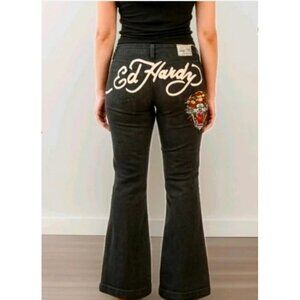 Ed Hardy Flare Leg Embroidered Tiger Graphic Jeans Size 34